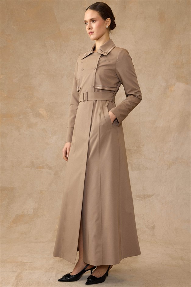 Pelerin ve İşleme Detaylı Astarlı Pardesü TAŞ 6849