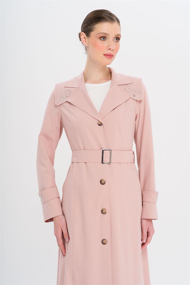 Pelerin ve Kol Ağzı Taş Detaylı Astarlı Pardesü PUDRA 6746