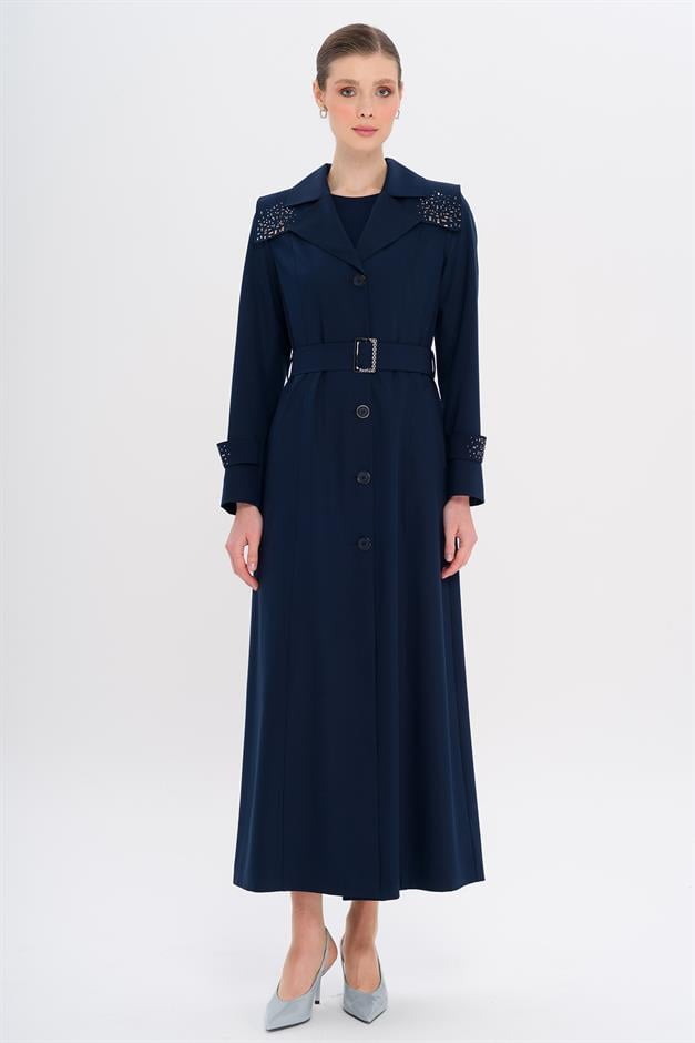 Pelerin ve Kol Ağzı Taş Detaylı Astarlı Pardesü LACİVERT 6746