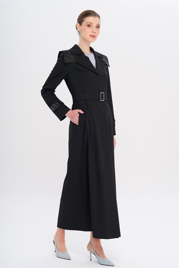 Pelerin ve Kol Ağzı Taş Detaylı Astarlı Pardesü SİYAH 6746