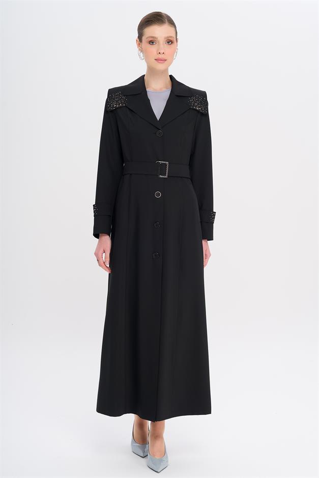 Pelerin ve Kol Ağzı Taş Detaylı Astarlı Pardesü SİYAH 6746