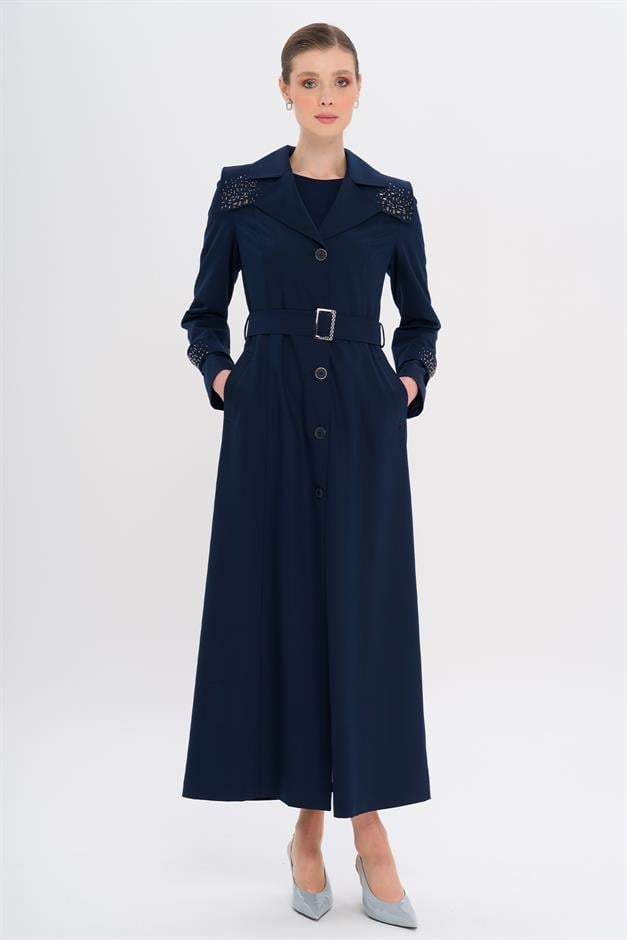 Pelerin ve Kol Ağzı Taş Detaylı Astarlı Pardesü LACİVERT 6746