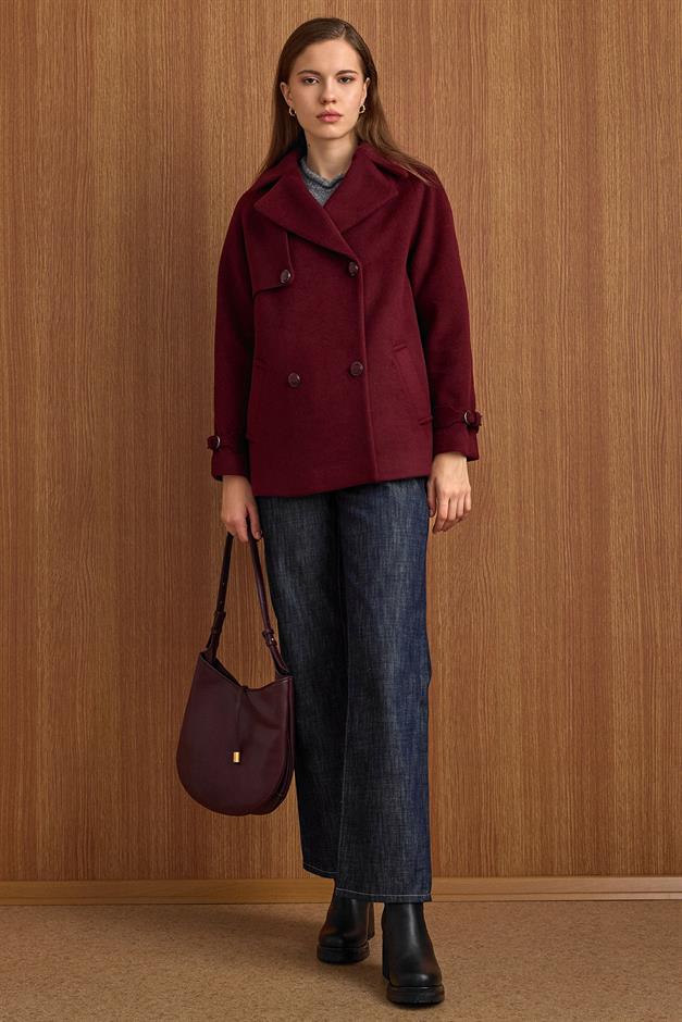 Pelerin ve Kol Patı Detaylı Kruvaze Kısa Kaban MÜRDÜM 3161