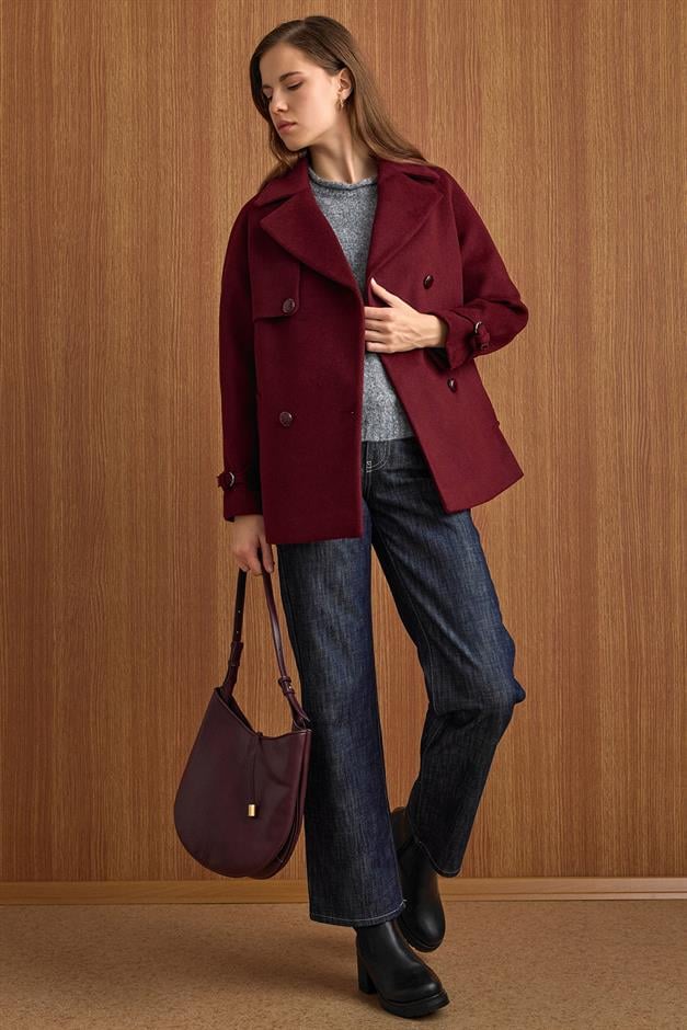 Pelerin ve Kol Patı Detaylı Kruvaze Kısa Kaban MÜRDÜM 3161