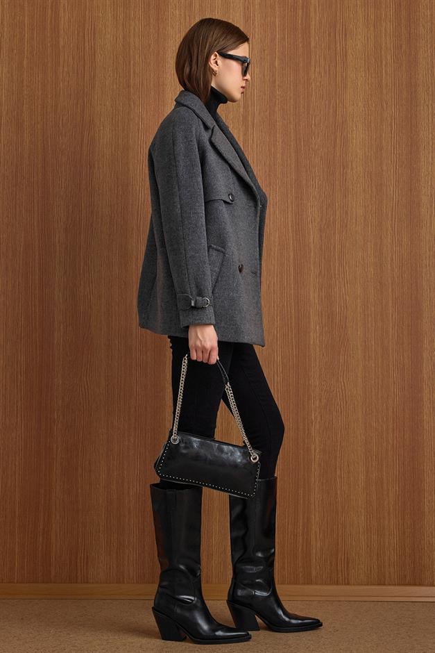 Pelerin ve Kol Patı Detaylı Kruvaze Kısa Kaban KOYU GRİ 3161