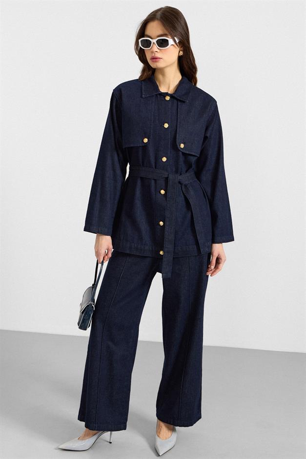 Pelerin ve Metal Düğmeli Ceket Pantolon Denim İkili Takım LACİVERT 9393-TK