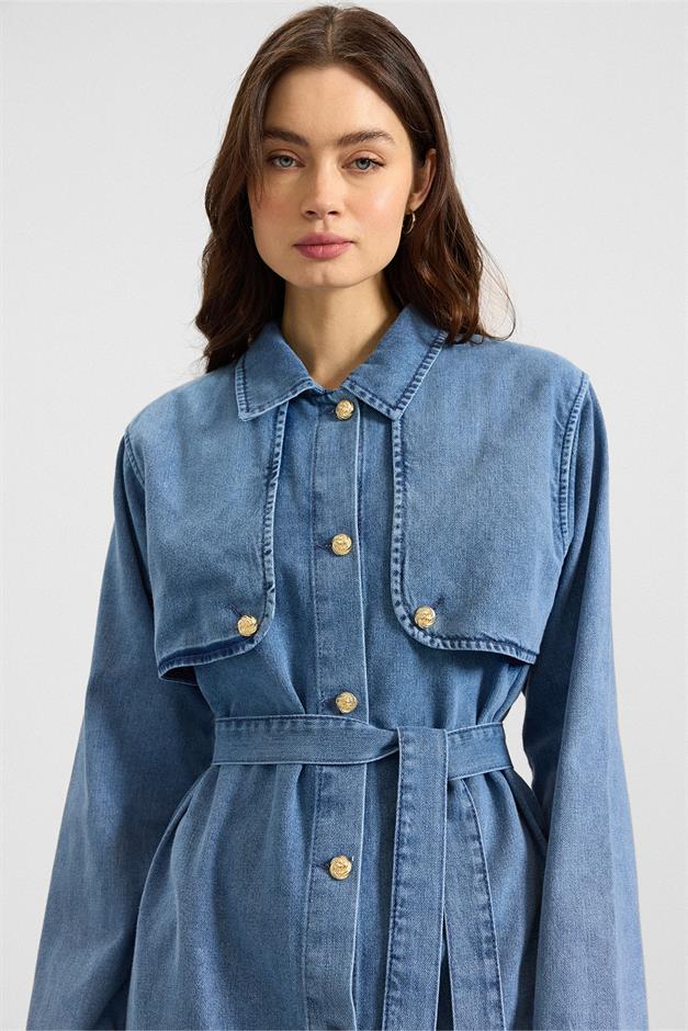 Pelerin ve Metal Düğmeli Ceket Pantolon Denim İkili Takım MAVİ 9393-TK