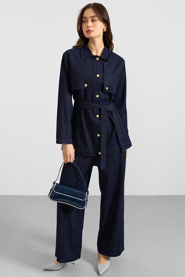 Pelerin ve Metal Düğmeli Ceket Pantolon Denim İkili Takım LACİVERT 9393-TK
