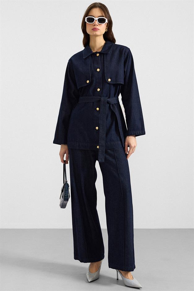 Pelerin ve Metal Düğmeli Ceket Pantolon Denim İkili Takım LACİVERT 9393-TK