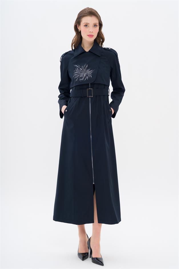 Pelerini Baskı ve Taş Detaylı Apoletli Spor Pardesü LACİVERT 4305