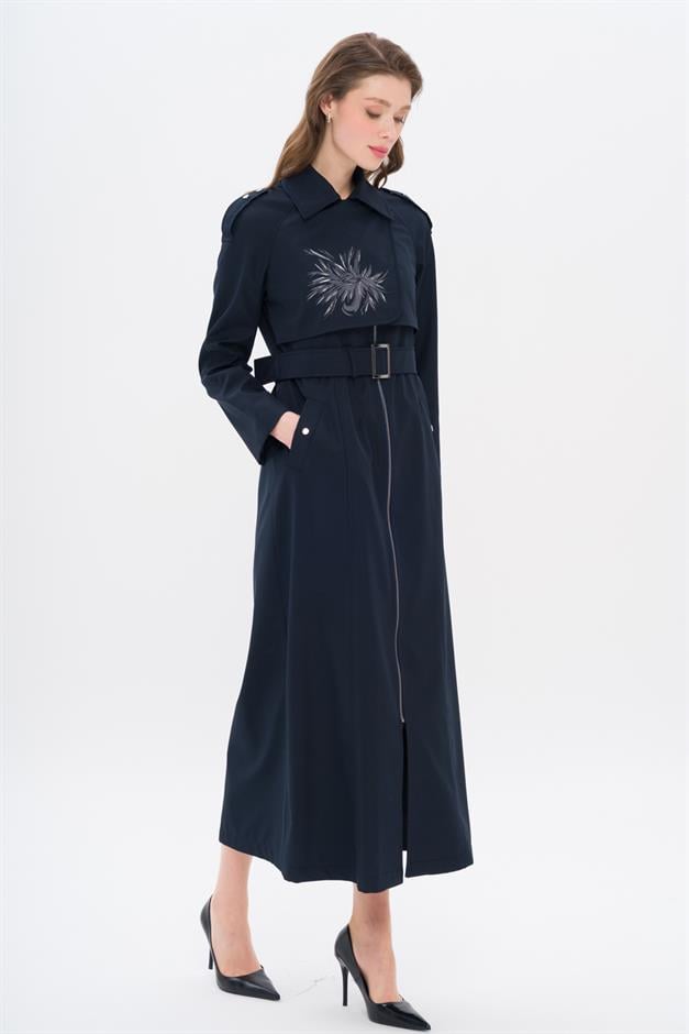 Pelerini Baskı ve Taş Detaylı Apoletli Spor Pardesü LACİVERT 4305