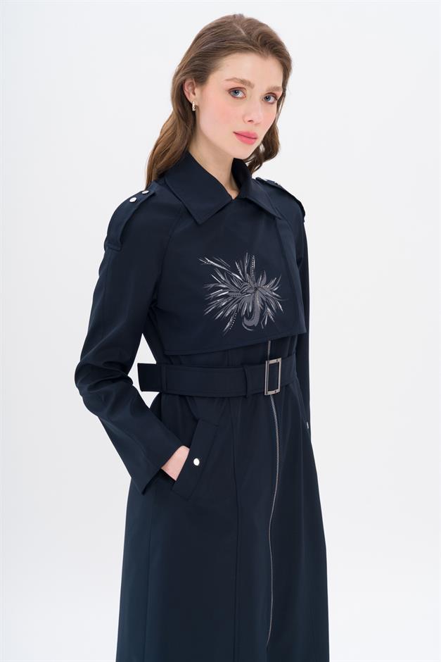 Pelerini Baskı ve Taş Detaylı Apoletli Spor Pardesü LACİVERT 4305