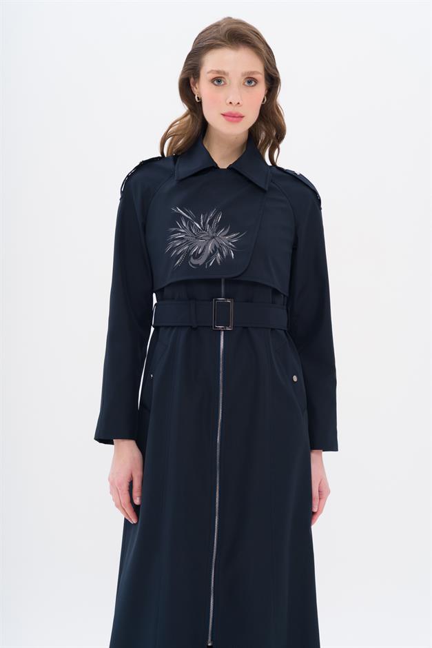 Pelerini Baskı ve Taş Detaylı Apoletli Spor Pardesü LACİVERT 4305