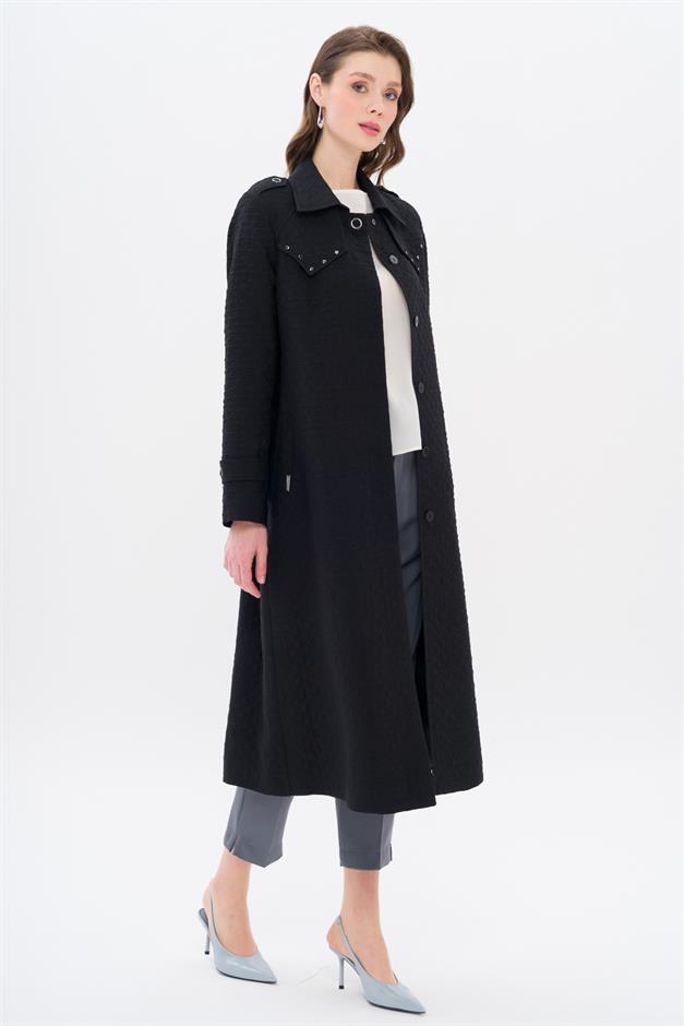Quilted Patterned Light Trench Coat with Stud Detail on the Cape BLACK 6705