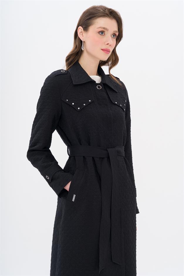 Quilted Patterned Light Trench Coat with Stud Detail on the Cape BLACK 6705