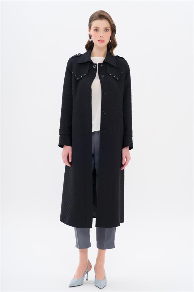 Quilted Patterned Light Trench Coat with Stud Detail on the Cape BLACK 6705