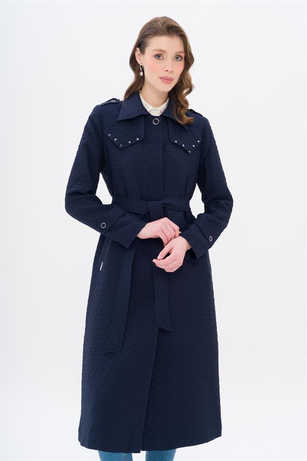 Quilted Patterned Light Trench Coat with Stud Detail on the Cape NAVY 6705