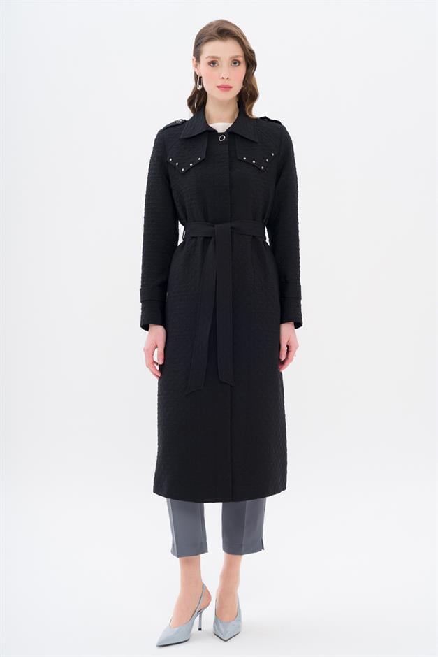 Quilted Patterned Light Trench Coat with Stud Detail on the Cape BLACK 6705