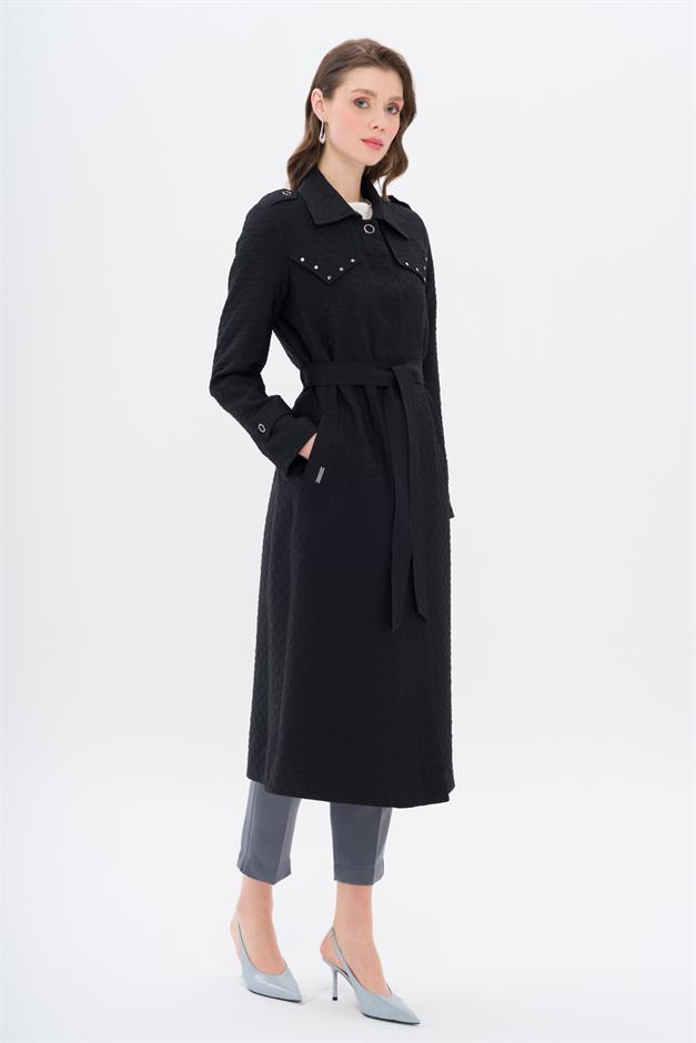 Quilted Patterned Light Trench Coat with Stud Detail on the Cape BLACK 6705