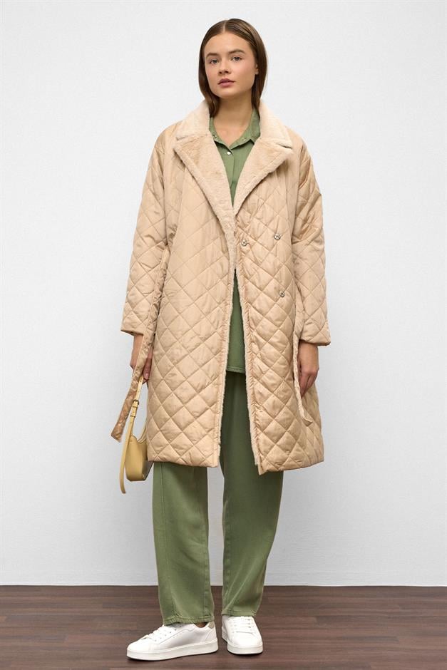 معطف مبطن مزدوج الصدر مع زينة فخمة وإغلاق سريع حجر 6787