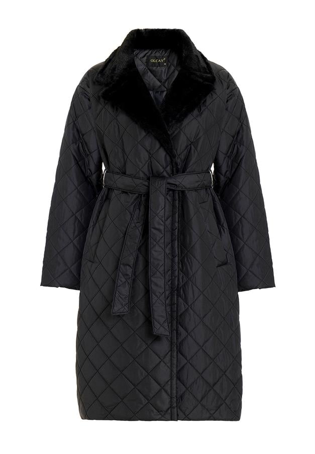 معطف مبطن مزدوج الصدر مع زينة فخمة وإغلاق سريع أسود 6787