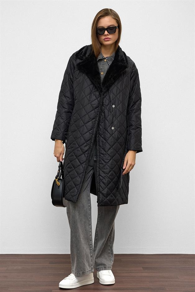 معطف مبطن مزدوج الصدر مع زينة فخمة وإغلاق سريع أسود 6787