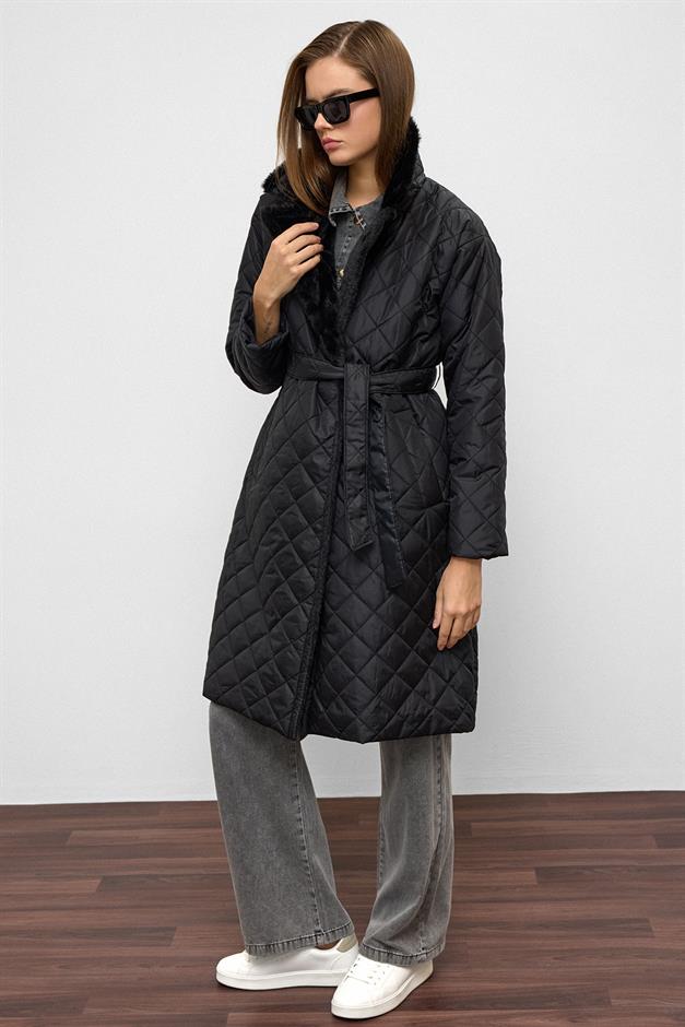 معطف مبطن مزدوج الصدر مع زينة فخمة وإغلاق سريع أسود 6787