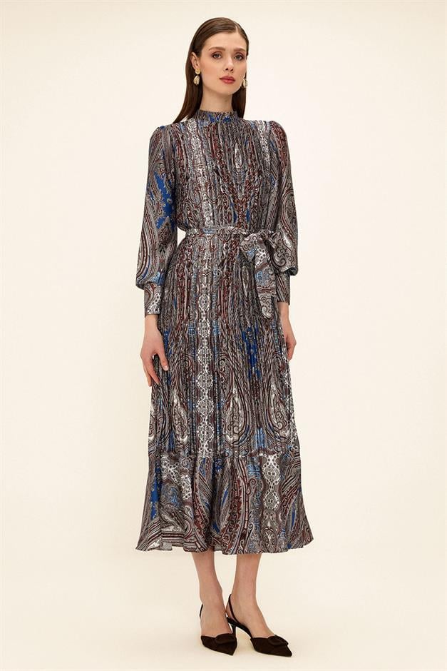 Pleated Shawl Pattern Thin Satin Dress COFFEE 9343-E