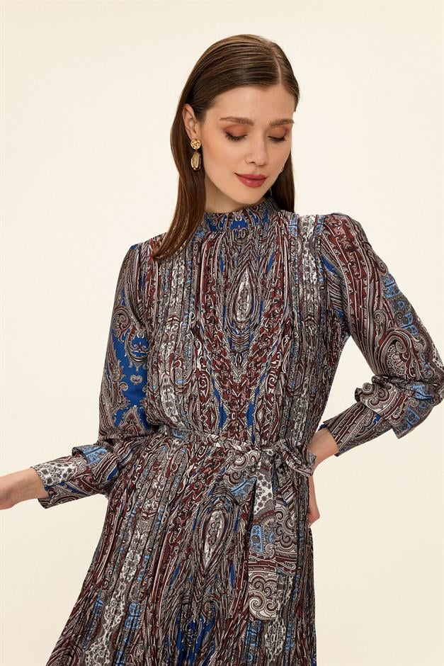 Pleated Shawl Pattern Thin Satin Dress COFFEE 9343-E