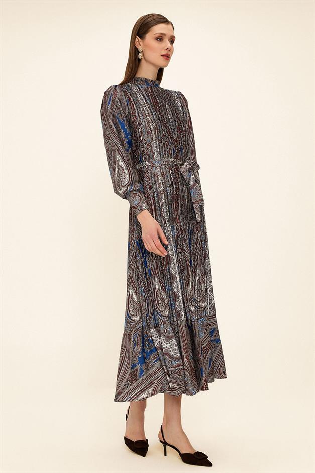 Pleated Shawl Pattern Thin Satin Dress COFFEE 9343-E