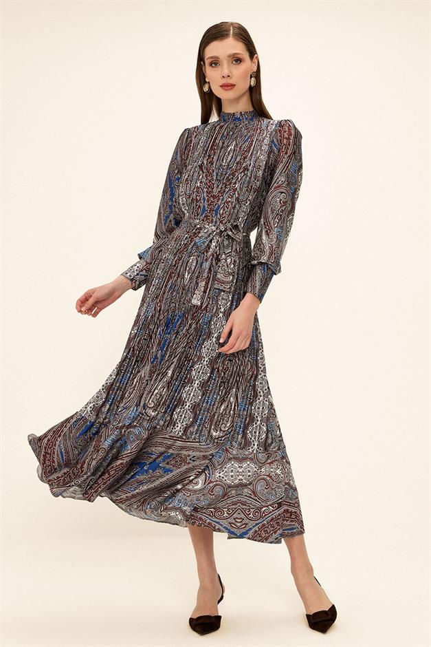 Pleated Shawl Pattern Thin Satin Dress COFFEE 9343-E