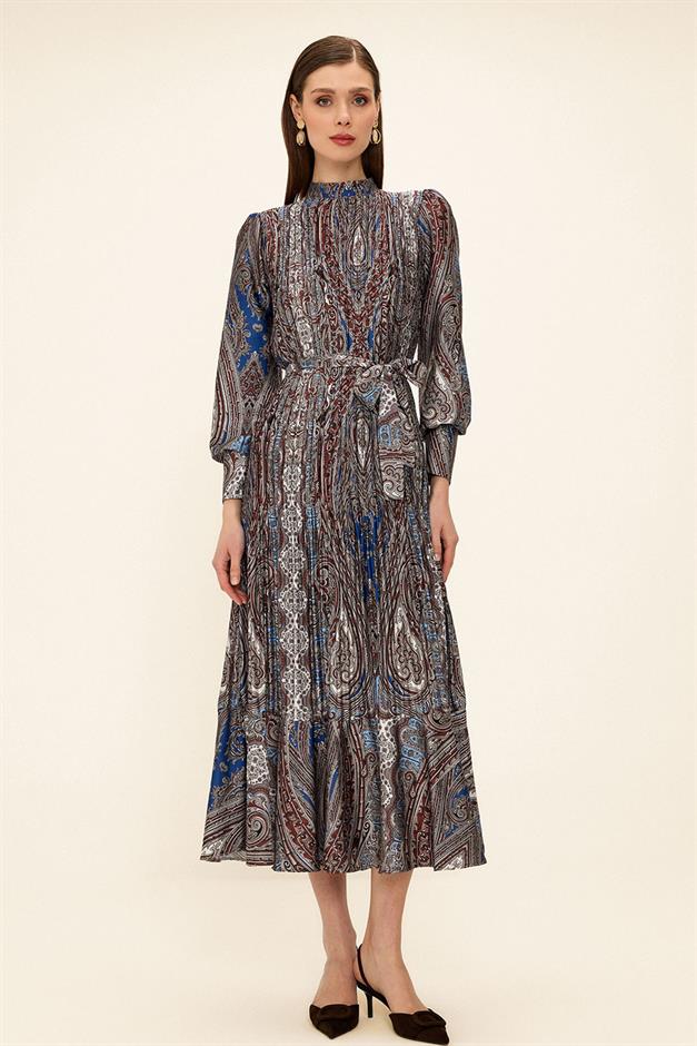 Pleated Shawl Pattern Thin Satin Dress COFFEE 9343-E