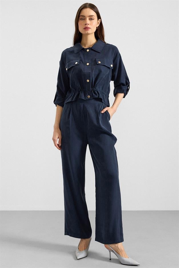 Pileli Salaş Modal Pantolon LACİVERT 7589