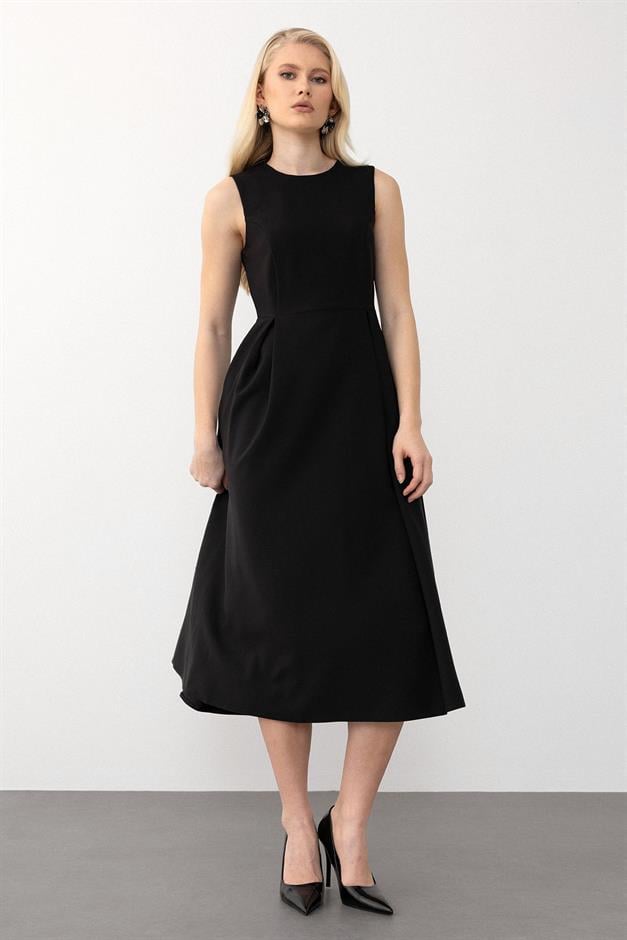 Pleated Check Detailed Midi Dress BLACK 9284-E