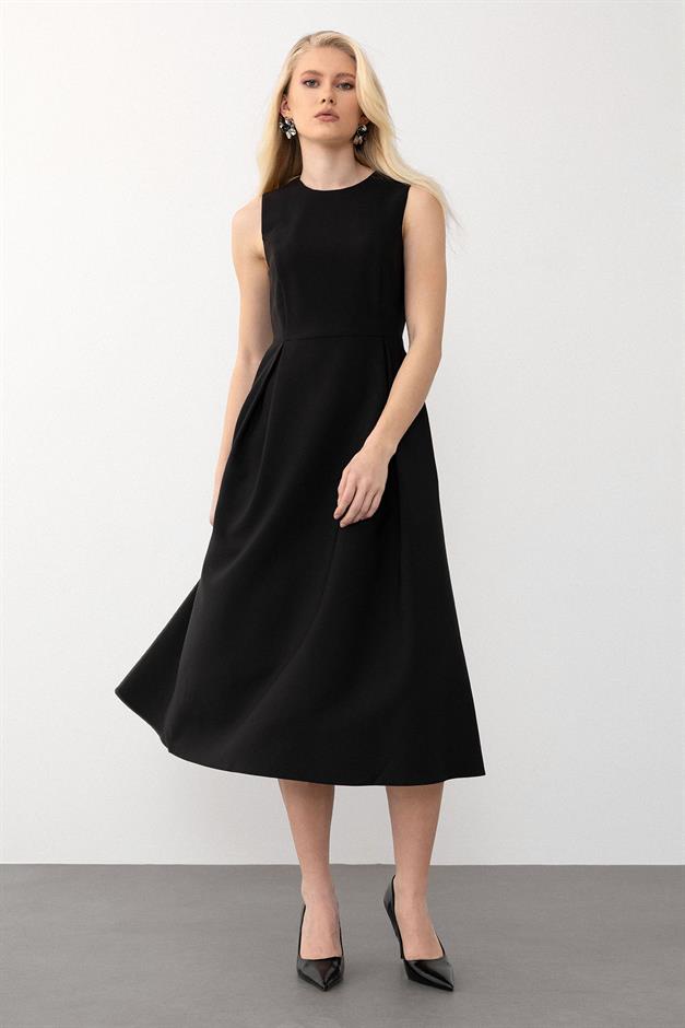 Pleated Check Detailed Midi Dress BLACK 9284-E