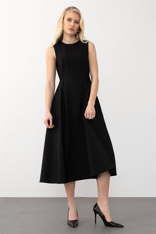 Pleated Check Detailed Midi Dress BLACK 9284-E