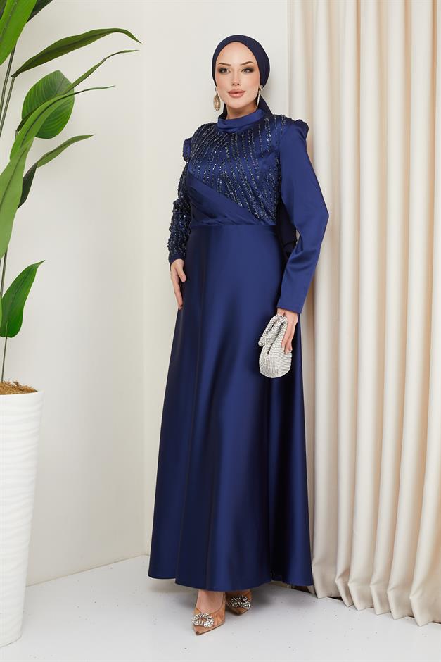 فستان سهرة ساتان محجبات بمقاسات كبيرة، مزين بتفاصيل حجرية وثنيات الأزرق الداكن 1659