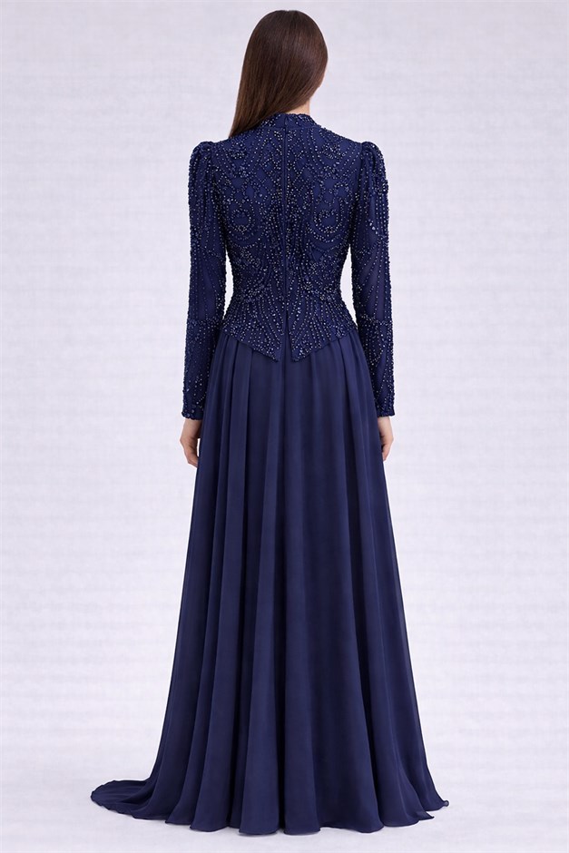 Pul ve Boncuk Desenli Şifon Kombinli Exclusive Tesettür Abiye Elbise LACİVERT 1066
