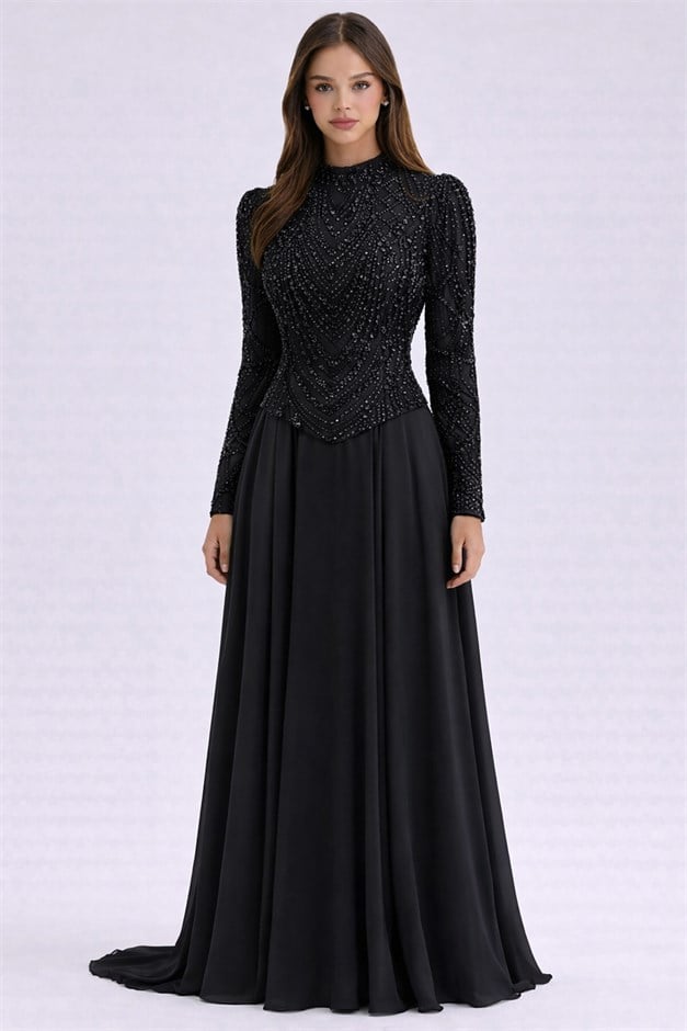 Pul ve Boncuk Desenli Şifon Kombinli Exclusive Tesettür Abiye Elbise SİYAH 1066