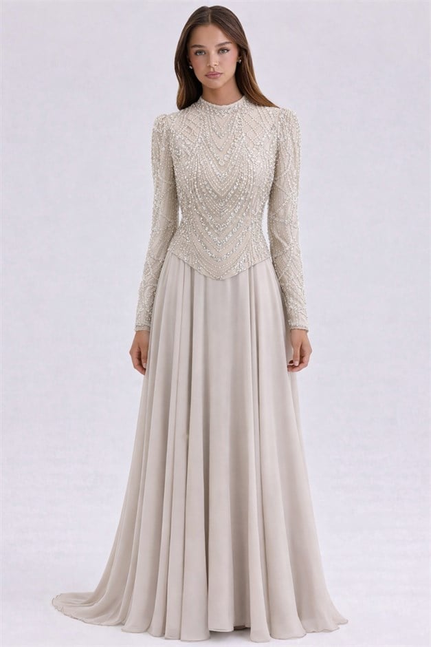 Pul ve Boncuk Desenli Şifon Kombinli Exclusive Tesettür Abiye Elbise TAŞ 1066