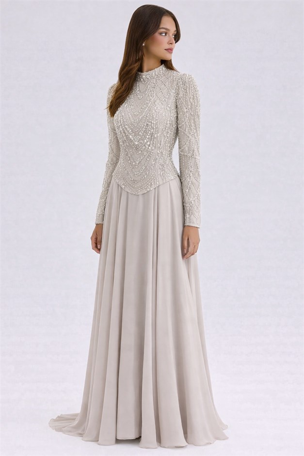 Pul ve Boncuk Desenli Şifon Kombinli Exclusive Tesettür Abiye Elbise TAŞ 1066