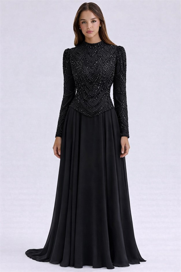 Pul ve Boncuk Desenli Şifon Kombinli Exclusive Tesettür Abiye Elbise SİYAH 1066