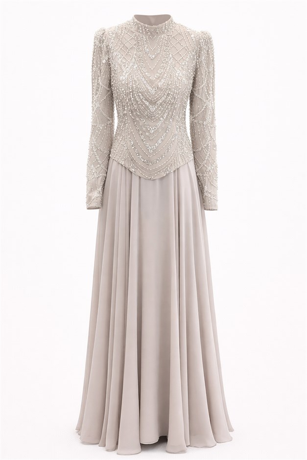 Pul ve Boncuk Desenli Şifon Kombinli Exclusive Tesettür Abiye Elbise TAŞ 1066