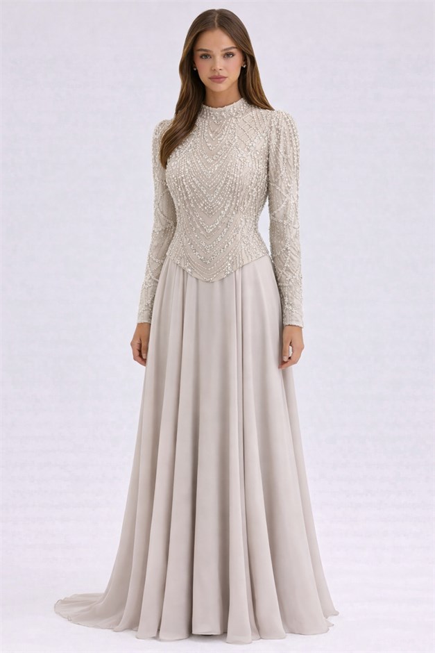 Pul ve Boncuk Desenli Şifon Kombinli Exclusive Tesettür Abiye Elbise TAŞ 1066