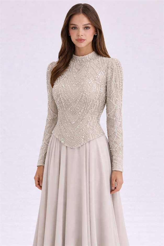 Pul ve Boncuk Desenli Şifon Kombinli Exclusive Tesettür Abiye Elbise TAŞ 1066