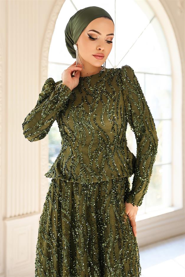 Pul ve Güpür Detaylı Exclusive Tesettür Abiye Elbise YEŞİL 1057