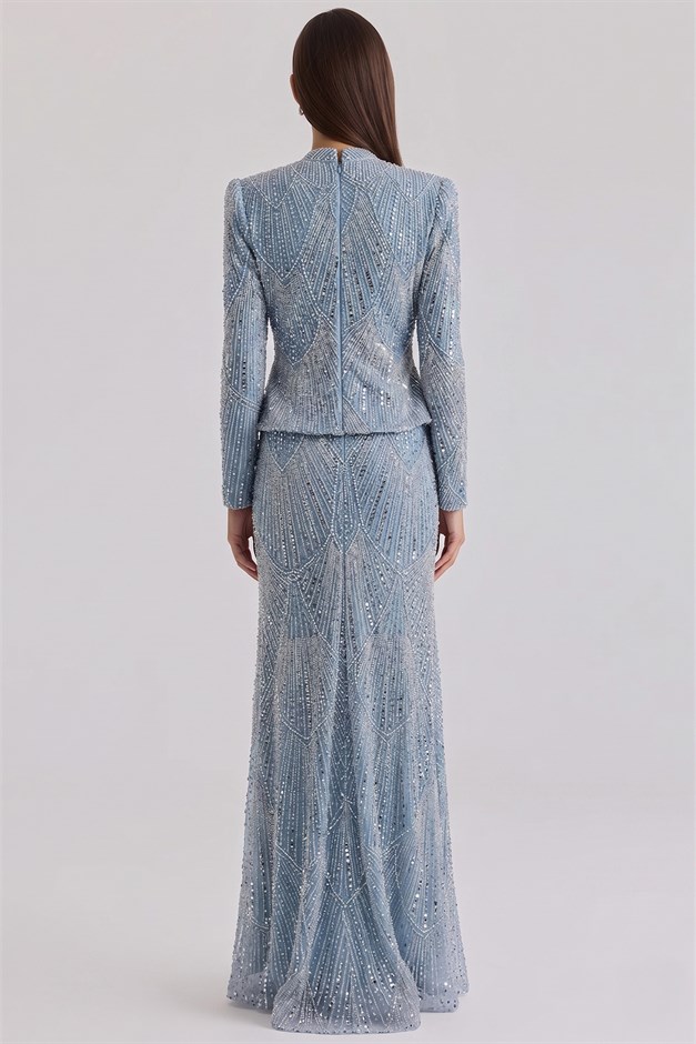 Pul ve İnci Bezeli Taş İşlemeli Exclusive Tesettür Abiye Elbise MAVİ 1086