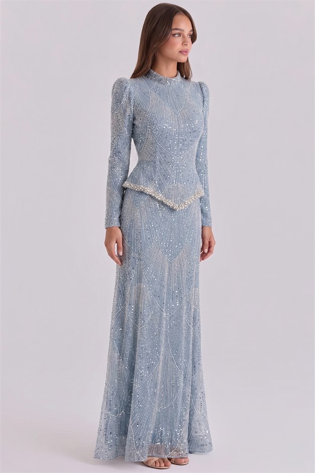 Pul ve İnci Bezeli Taş İşlemeli Exclusive Tesettür Abiye Elbise MAVİ 1086