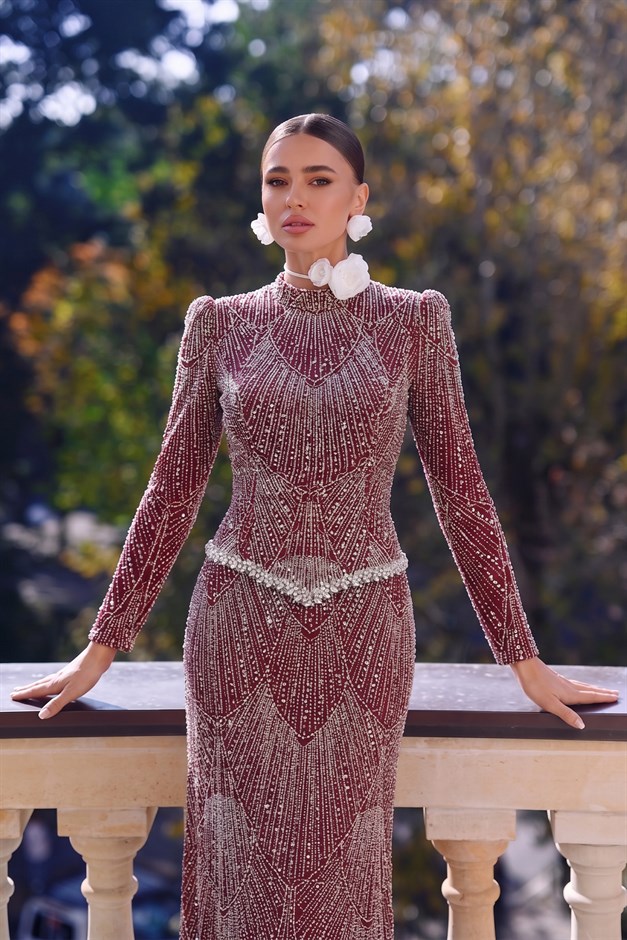Pul ve İnci Bezeli Taş İşlemeli Exclusive Tesettür Abiye Elbise BORDO 1086