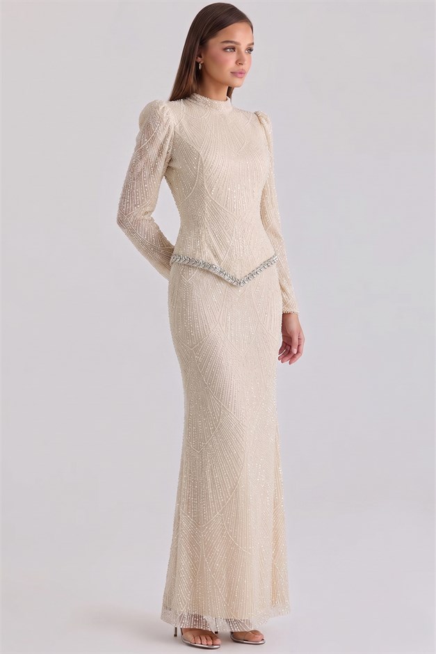 Pul ve İnci Bezeli Taş İşlemeli Exclusive Tesettür Abiye Elbise KREM 1086